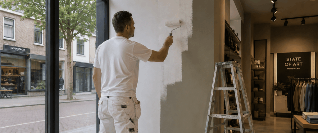Schilder aan het werk in winkel - De Betuwe Schilderwerken