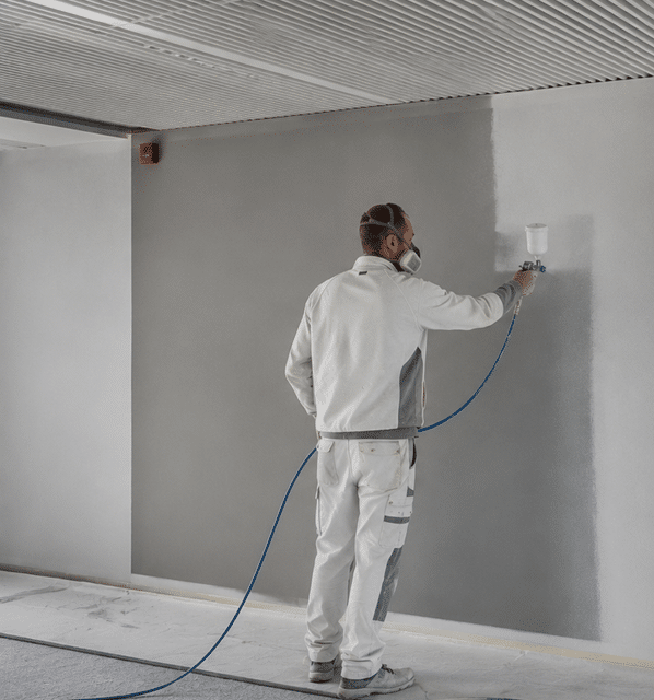 Schilder die bezig is met spuitwerk in een nieuw bebouwd kantoorpand